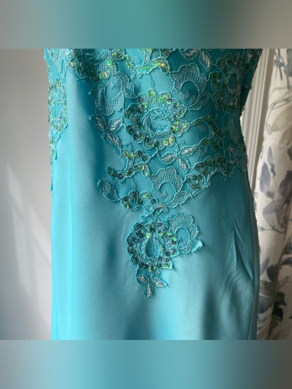Vintage Y2k 90s Aqua Beaded Fairy Halter Prom Dress - sz 10 - Picture 12 of 15